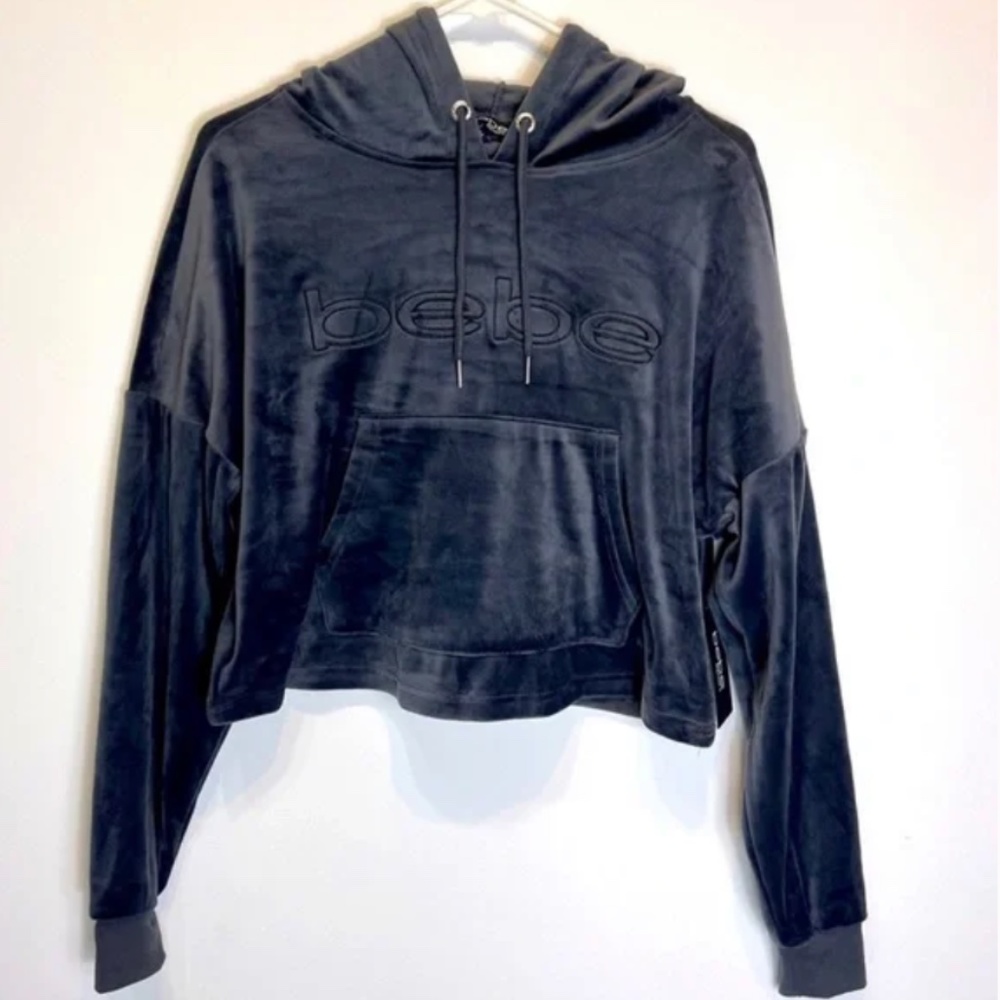 BEBE WOMEN SPORT PLUSH HOODIE CHARCOAL GREY SZ M